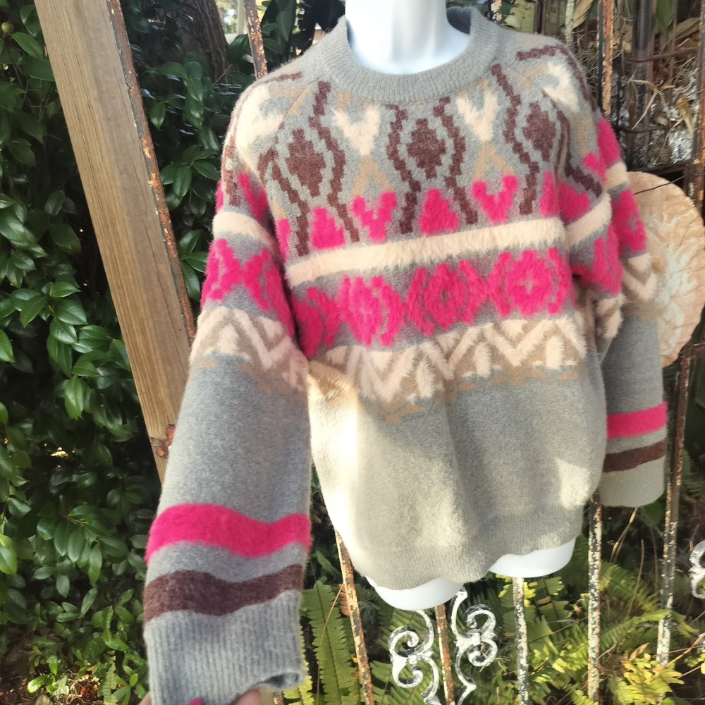 THML Gray, Hot Pink & Brown Fair Isle Crewneck Sweater
